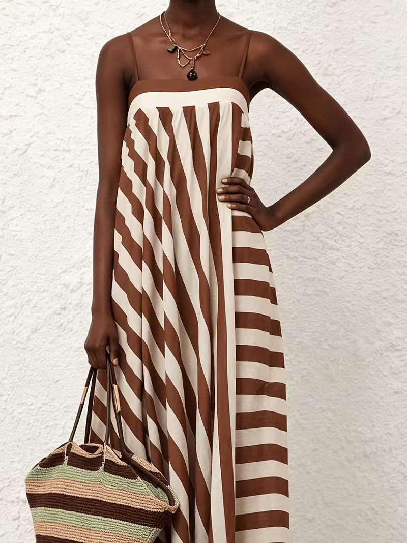 New French-Style Striped Brown Dress